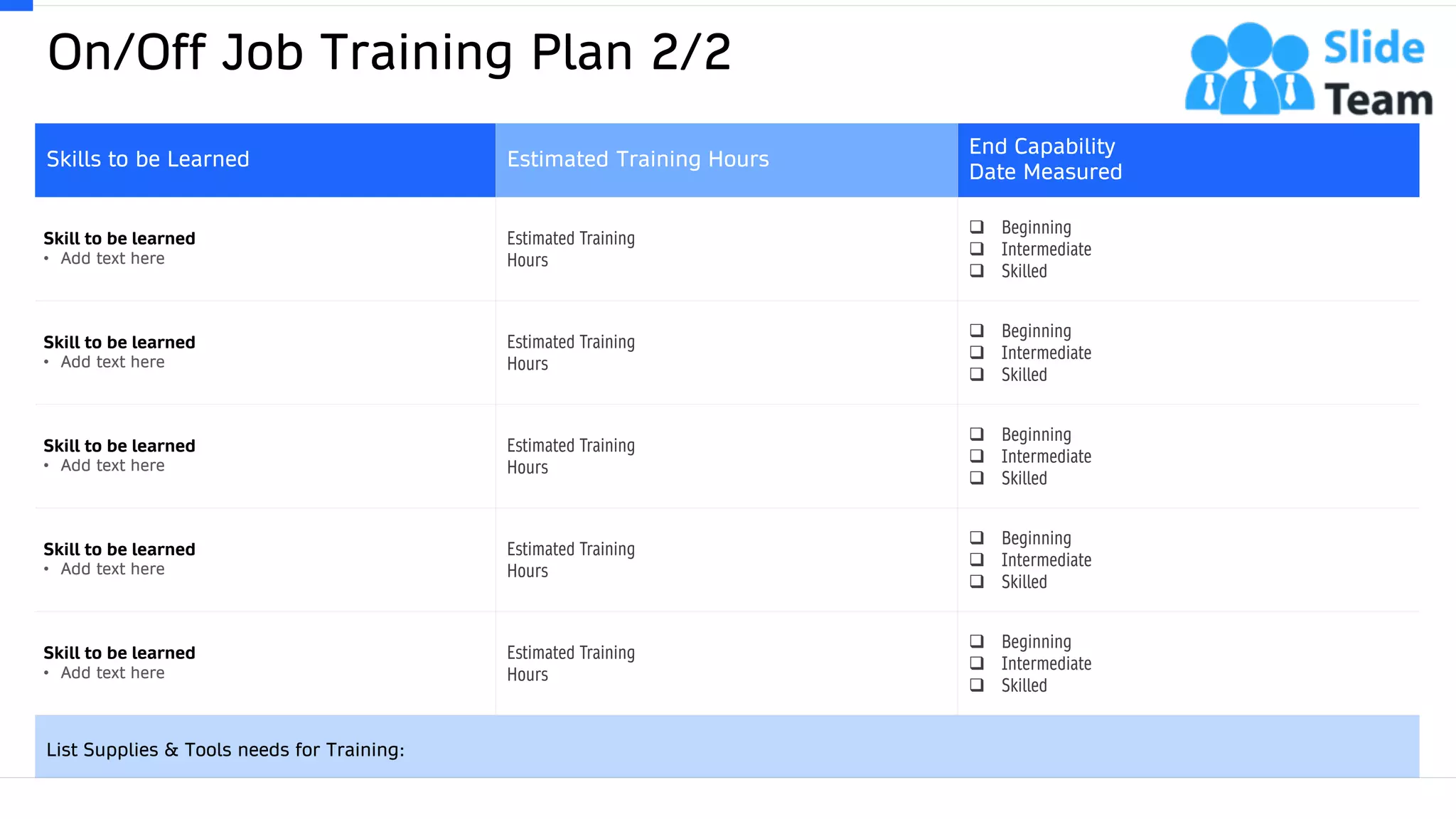 On/Off Job Training Plan 2/2
50
Skills to be Learned Estimated Training Hours
End Capability
Date Measured
Skill to be learned
• Add text here
Estimated Training
Hours
❑ Beginning
❑ Intermediate
❑ Skilled
Skill to be learned
• Add text here
Estimated Training
Hours
❑ Beginning
❑ Intermediate
❑ Skilled
Skill to be learned
• Add text here
Estimated Training
Hours
❑ Beginning
❑ Intermediate
❑ Skilled
Skill to be learned
• Add text here
Estimated Training
Hours
❑ Beginning
❑ Intermediate
❑ Skilled
Skill to be learned
• Add text here
Estimated Training
Hours
❑ Beginning
❑ Intermediate
❑ Skilled
List Supplies & Tools needs for Training:
 