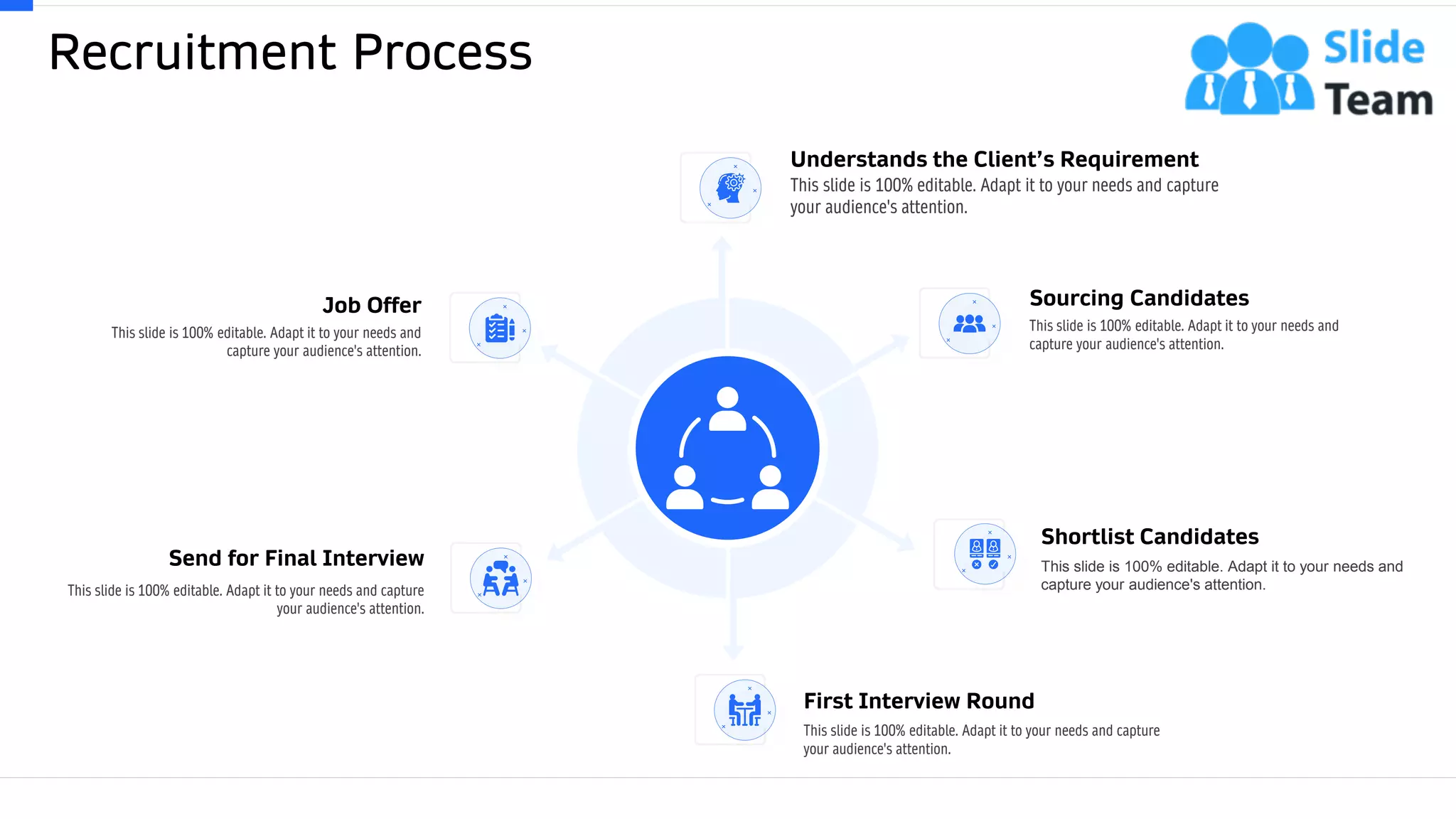 Recruitment Process
6
Understands the Client’s Requirement
This slide is 100% editable. Adapt it to your needs and capture
your audience's attention.
Sourcing Candidates
This slide is 100% editable. Adapt it to your needs and
capture your audience's attention.
First Interview Round
This slide is 100% editable. Adapt it to your needs and capture
your audience's attention.
Send for Final Interview
This slide is 100% editable. Adapt it to your needs and capture
your audience's attention.
Job Offer
This slide is 100% editable. Adapt it to your needs and
capture your audience's attention.
Shortlist Candidates
This slide is 100% editable. Adapt it to your needs and
capture your audience's attention.
 