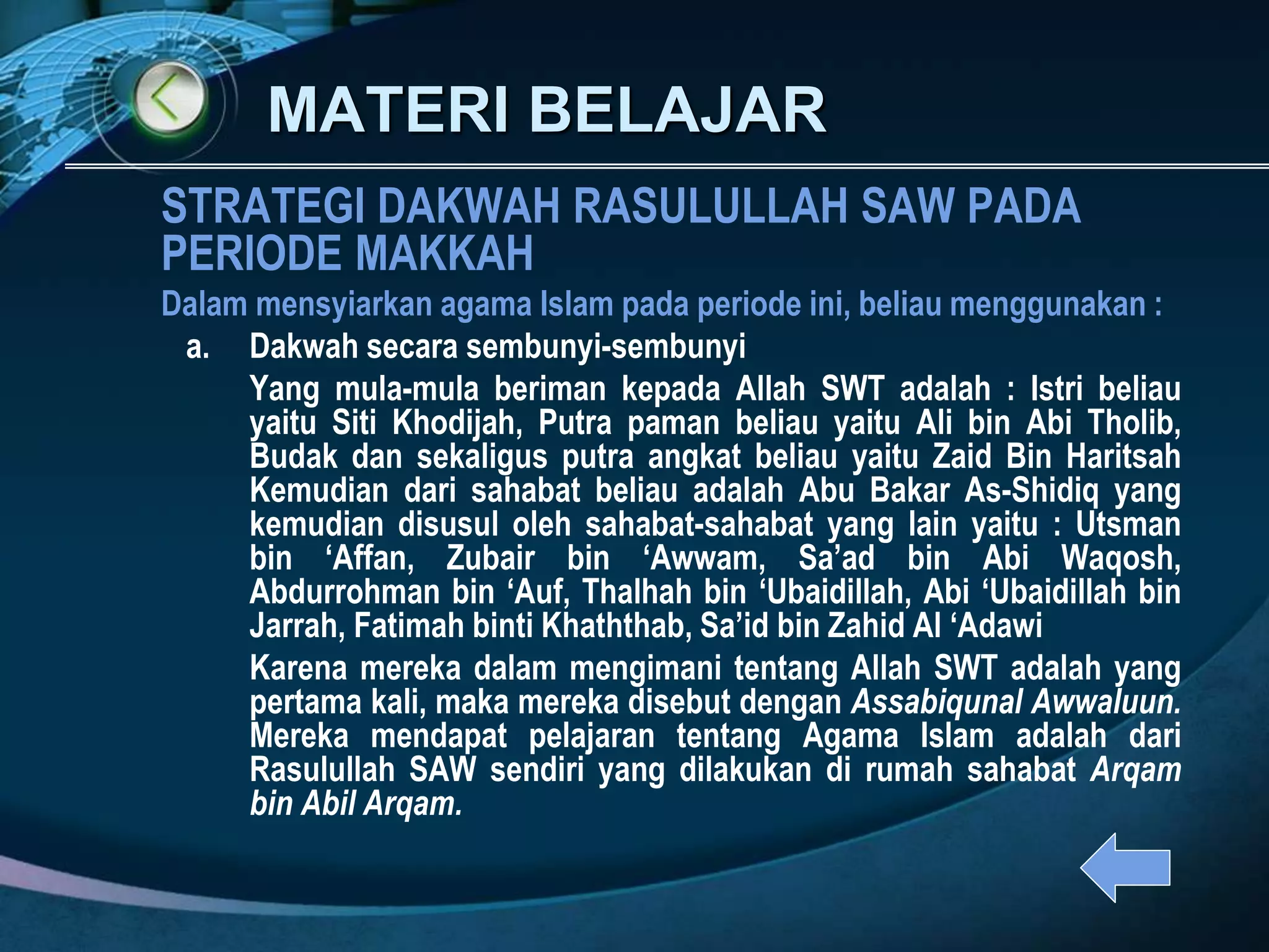 Strategi dakwah rasullah di makkah(tarikh dan kebudayaan islam) | PPSX