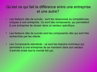 Qu’est ce qui fait la différence entre une entreprise
et une autre?
• Les facteurs clés de succès : sont les ressources ou compétences,
uniques à une entreprise. Ce sont des composants, qui permettent
à une entreprise de réussir dans un secteur spécifique.
• Les facteurs clés de succès sont les composants clés qui sont très
recherchés par les clients.
• Les Composants standards : ce sont les besoins minimaux qui
permettent à une entreprise de se maintenir dans son secteur
d’activité (mais tout le monde fait ça)
 