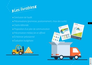 Les livrables
• Conclusion de l’audit
• Préconisations (promesse, positionnement, choix des outils)
• Charte éditoriale
• Proposition d’un plan de communication
• Préconisation médias (on et offline)
• Échéancier prévisionnel
• Évaluation budgétaire
10
Ω
 