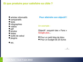 1313
SMX Paris – 6 et 7 Juin 2013
Et que produire pour satisfaire sa cible ?
articles informatifs
comparatifs
tests
infographies
videos
pdf
photos
slides
outils de calcul
plugins
etc.
Pour atteindre son objectif !
Un exemple :
Objectif : acquérir des « Fans »
Google plus...
Pour un petit blog de bijou
Pour un budget de 20 euros
…/...
 
