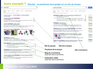 2424
SMX Paris – 6 et 7 Juin 2013
Autre exemple ? Résultat : se positionner dans google sur un nom de marque
Site de la marqueSite du groupe
Facebook de la marque
Blog du e-commerce
Avec lien vers e-commerce
Site e-commerce
Publication ciblée
Avec lien vers e-commerce
 