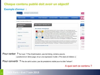 2525
SMX Paris – 6 et 7 Juin 2013
Chaque contenu publié doit avoir un objectif
Exemple d'erreur :
Pour ranker ? Sur quoi ? Pas d'optimisation, pas de linking, contenu pauvre,
( positionné en 3ème page et sur une expression inutile « Prix stars et métiers »)
Pour convertir ? Pas de call to action, pas de prestations visible pour la cible "artisan".
A quoi sert ce contenu ?
 