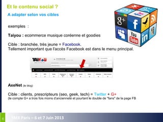 2828
SMX Paris – 6 et 7 Juin 2013
Et le contenu social ?
A adapter selon vos cibles
exemples :
Taiyou : ecommerce musique coréenne et goodies
Cible : branchée, très jeune = Facebook.
Tellement important que l'accès Facebook est dans le menu principal.
AxeNet (le blog)
Cible : clients, prescripteurs (seo, geek, tech) = Twitter + G+
(le compte G+ a trois fois moins d’ancienneté et pourtant le double de "fans" de la page FB
 