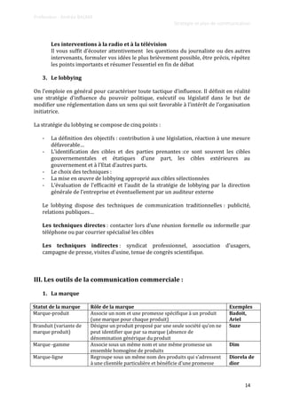 Professeur : Andréa BALMA
Stratégie et plan de communication
14
Les interventions à la radio et à la télévision
Il vous suffit d’écouter attentivement les questions du journaliste ou des autres
intervenants, formuler vos idées le plus brièvement possible, être précis, répétez
les points importants et résumer l’essentiel en fin de débat
3. Le lobbying
On l’emploie en général pour caractériser toute tactique d’influence. Il définit en réalité
une stratégie d’influence du pouvoir politique, exécutif ou législatif dans le but de
modifier une réglementation dans un sens qui soit favorable { l’intérêt de l’organisation
initiatrice.
La stratégie du lobbying se compose de cinq points :
- La définition des objectifs : contribution à une législation, réaction à une mesure
défavorable…
- L’identification des cibles et des parties prenantes :ce sont souvent les cibles
gouvernementales et étatiques d’une part, les cibles extérieures au
gouvernement et { l’Etat d’autres parts.
- Le choix des techniques :
- La mise en œuvre de lobbying approprié aux cibles sélectionnées
- L’évaluation de l’efficacité et l’audit de la stratégie de lobbying par la direction
générale de l’entreprise et éventuellement par un auditeur externe
Le lobbying dispose des techniques de communication traditionnelles : publicité,
relations publiques…
Les techniques directes : contacter lors d’une réunion formelle ou informelle ;par
téléphone ou par courrier spécialisé les cibles
Les techniques indirectes : syndicat professionnel, association d’usagers,
campagne de presse, visites d’usine, tenue de congrès scientifique.
III. Les outils de la communication commerciale :
1. La marque
Statut de la marque Rôle de la marque Exemples
Marque-produit Associe un nom et une promesse spécifique à un produit
(une marque pour chaque produit)
Badoit,
Ariel
Branduit (variante de
marque produit)
Désigne un produit proposé par une seule société qu’on ne
peut identifier que par sa marque (absence de
dénomination générique du produit
Suze
Marque -gamme Associe sous un même nom et une même promesse un
ensemble homogène de produits
Dim
Marque-ligne Regroupe sous un même nom des produits qui s’adressent
à une clientèle particulière et bénéficie d’une promesse
Diorela de
dior
 