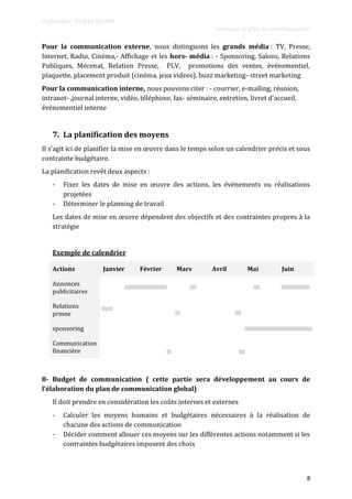 Professeur : Andréa BALMA
Stratégie et plan de communication
8
Pour la communication externe, nous distinguons les grands média : TV, Presse,
Internet, Radio, Cinéma,- Affichage et les hors- média : - Sponsoring, Salons, Relations
Publiques, Mécenat, Relation Presse, PLV, promotions des ventes, événementiel,
plaquette, placement produit (cinéma, jeux videos), buzz marketing- street marketing
Pour la communication interne, nous pouvons citer : - courrier, e-mailing, réunion,
intranet- ,journal interne, vidéo, téléphone, fax- séminaire, entretien, livret d'accueil,
événementiel interne
7. La planification des moyens
Il s’agit ici de planifier la mise en œuvre dans le temps selon un calendrier précis et sous
contrainte budgétaire.
La planification revêt deux aspects :
- Fixer les dates de mise en œuvre des actions, les évènements ou réalisations
projetées
- Déterminer le planning de travail
Les dates de mise en œuvre dépendent des objectifs et des contraintes propres { la
stratégie
Exemple de calendrier
Actions Janvier Février Mars Avril Mai Juin
Annonces
publicitaires
Relations
presse
sponsoring
Communication
financière
8- Budget de communication ( cette partie sera développement au cours de
l’élaboration du plan de communication global)
Il doit prendre en considération les coûts internes et externes
- Calculer les moyens humains et budgétaires nécessaires à la réalisation de
chacune des actions de communication
- Décider comment allouer ces moyens sur les différentes actions notamment si les
contraintes budgétaires imposent des choix
 