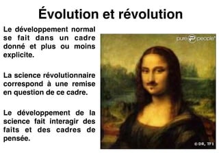 Évolution et révolution
Le développement normal
se fait dans un cadre
donné et plus ou moins
explicite.!
!
La science révolutionnaire
correspond à une remise
en question de ce cadre.!
!
Le développement de la
science fait interagir des
faits et des cadres de
pensée.
 