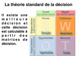 La théorie standard de la décision
Il existe une
m e i l l e u r e
d é c i s i o n e t
cette décision
est calculable à
p a r t i r d e s
m a t r i c e s d e
décision.!
 
 