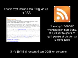 Charlie s’est inscrit à son  blog  via un fil  RSS Il sent qu’il  connaît  vraiment bien  son boss , et qu’il sait toujours ce qu’il  pense  et où s’en va la compagnie Il n’a  jamais  rencontré son  boss  en personne 