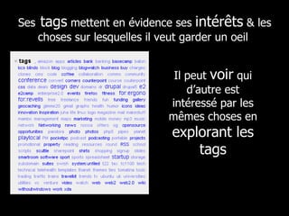 Ses   tags  mettent en évidence ses  intérêts  & les choses sur lesquelles il veut garder un oeil  Il peut  voir  qui d’autre est intéressé par les mêmes choses en  explorant les tags 