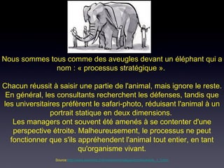 Nous sommes tous comme des aveugles devant un éléphant qui a nom : « processus stratégique ».  Chacun réussit à saisir une partie de l'animal, mais ignore le reste. En général, les consultants recherchent les défenses, tandis que les universitaires préfèrent le safari-photo, réduisant l'animal à un portrait statique en deux dimensions.  Les managers ont souvent été amenés à se contenter d'une perspective étroite. Malheureusement, le processus ne peut fonctionner que s'ils appréhendent l'animal tout entier, en tant qu'organisme vivant. Source: http://www.lesechos.fr/formations/strategie/articles/article_1_3.htm 