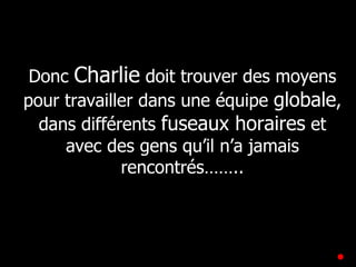 Donc  Charlie  doit trouver des moyens pour travailler dans une équipe  globale , dans différents  fuseaux horaires  et avec des gens qu’il n’a jamais rencontrés…….. 