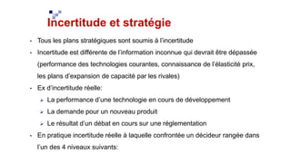 Incertitude et stratégie
• Tous les plans stratégiques sont soumis à l’incertitude
• Incertitude est différente de l’information inconnue qui devrait être dépassée
(performance des technologies courantes, connaissance de l’élasticité prix,
les plans d’expansion de capacité par les rivales)
• Ex d’incertitude réelle:
 La performance d’une technologie en cours de développement
 La demande pour un nouveau produit
 Le résultat d’un débat en cours sur une réglementation
• En pratique incertitude réelle à laquelle confrontée un décideur rangée dans
l’un des 4 niveaux suivants:
 