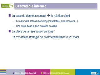 La stratégie internet La base de données contact    la relation client Le cœur des actions marketing (newsletter, jeux-concours…) Une seule base la plus qualifiée possible La place de la réservation en ligne    rdv atelier stratégie de commercialisation le 20 mars 