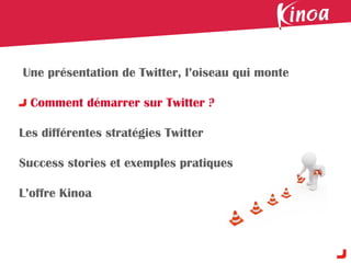 Une présentation de Twitter, l’oiseau qui monte

  Comment démarrer sur Twitter ?

Les différentes stratégies Twitter

Success stories et exemples pratiques

L’offre Kinoa
 