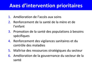 Axes d’intervention prioritaires
1. Amélioration de l’accès aux soins
2. Renforcement de la santé de la mère et de
l’enfant
3. Promotion de la santé des populations à besoins
spécifiques
4. Renforcement des vigilances sanitaires et du
contrôle des maladies
5. Maîtrise des ressources stratégiques du secteur
6. Amélioration de la gouvernance du secteur de la
santé
 