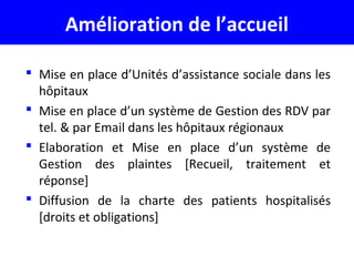 Amélioration de l’accueil
 Mise en place d’Unités d’assistance sociale dans les
hôpitaux
 Mise en place d’un système de Gestion des RDV par
tel. & par Email dans les hôpitaux régionaux
 Elaboration et Mise en place d’un système de
Gestion des plaintes [Recueil, traitement et
réponse]
 Diffusion de la charte des patients hospitalisés
[droits et obligations]
 