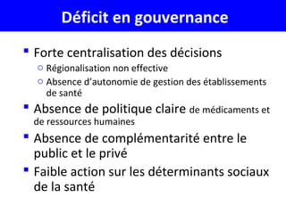  Forte centralisation des décisions
o Régionalisation non effective
o Absence d’autonomie de gestion des établissements
de santé
 Absence de politique claire de médicaments et
de ressources humaines
 Absence de complémentarité entre le
public et le privé
 Faible action sur les déterminants sociaux
de la santé
Déficit en gouvernance
 