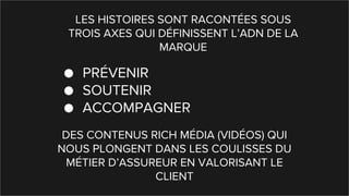LES HISTOIRES SONT RACONTÉES SOUS
TROIS AXES QUI DÉFINISSENT L’ADN DE LA
MARQUE
● PRÉVENIR
● SOUTENIR
● ACCOMPAGNER
DES CONTENUS RICH MÉDIA (VIDÉOS) QUI
NOUS PLONGENT DANS LES COULISSES DU
MÉTIER D’ASSUREUR EN VALORISANT LE
CLIENT
 