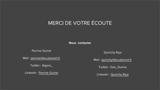 MERCI DE VOTRE ÉCOUTE
Nous contacter
Perrine Guinel
Mail : perrine@lecubevert.fr
Twitter : Algora_
Linkedin : Perrine Guinel
Quinchy Riya
Mail : quinchy@lecubevert.fr
Twitter : Dan_Dunne
Linkedin : Quinchy Riya
 