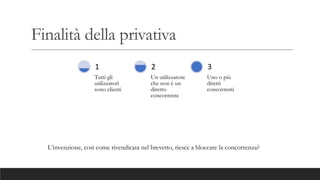 Finalità della privativa
Tutti gli
utilizzatori
sono clienti
1
Un utilizzatore
che non è un
diretto
concorrente
2
Uno o più
diretti
concorrenti
3
L’invenzione, così come rivendicata nel brevetto, riesce a bloccare la concorrenza?
 