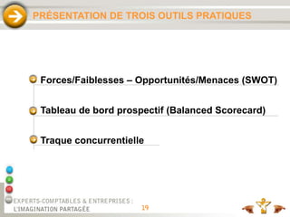 19
PRÉSENTATION DE TROIS OUTILS PRATIQUES
Forces/Faiblesses – Opportunités/Menaces (SWOT)
Tableau de bord prospectif (Balanced Scorecard)
Traque concurrentielle
 