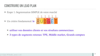 @ Claire Wibaille, année 2016
CONSTRUIRE UN LEAD PLAN
➤ Etape 1: Segmentation SIMPLE de votre marché
➤ Un critère fondamental: le
➤ utiliser vos données clients et vos résultats commerciaux
➤ 3 types de segments retenus: TPE, Middle market, Grands comptes
12
 