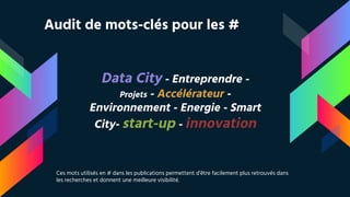 Data City - Entreprendre -
Projets - Accélérateur -
Environnement - Energie - Smart
City- start-up - innovation
Audit de mots-clés pour les #
Ces mots utilisés en # dans les publications permettent d’être facilement plus retrouvés dans
les recherches et donnent une meilleure visibilité.
 