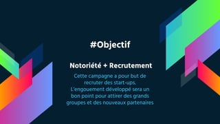 #Objectif
Notoriété + Recrutement
Cette campagne a pour but de
recruter des start-ups.
L’engouement développé sera un
bon point pour attirer des grands
groupes et des nouveaux partenaires
 
