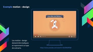 Place your screenshot here
Exemple motion - design
https://www.youtube.com/watch?v=Ds5fAbXF0j4
Les motion - design
doivent être ludiques
et reprennent ce type
de scénario.
 