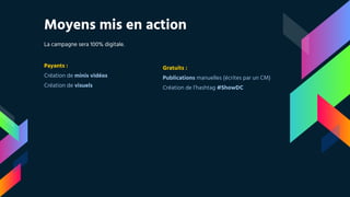 Moyens mis en action
La campagne sera 100% digitale.
Payants :
Création de minis vidéos
Création de visuels
Gratuits :
Publications manuelles (écrites par un CM)
Création de l’hashtag #ShowDC
 