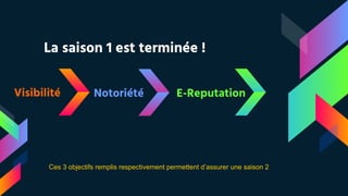 La saison 1 est terminée !
Visibilité Notoriété E-Reputation
Ces 3 objectifs remplis respectivement permettent d’assurer une saison 2
 