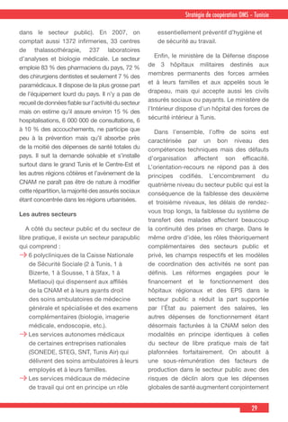 29
Stratégie de coopération OMS – Tunisie
dans le secteur public). En 2007, on
comptait aussi 1372 infirmeries, 33 centres
de thalassothérapie, 237 laboratoires
d’analyses et biologie médicale. Le secteur
emploie 83 % des pharmaciens du pays, 72 %
des chirurgiens dentistes et seulement 7 % des
paramédicaux. Il dispose de la plus grosse part
de l’équipement lourd du pays. Il n’y a pas de
recueildedonnéesfiablesurl’activitédusecteur
mais on estime qu’il assure environ 15 % des
hospitalisations, 6 000 000 de consultations, 6
à 10 % des accouchements, ne participe que
peu à la prévention mais qu’il absorbe près
de la moitié des dépenses de santé totales du
pays. Il suit la demande solvable et s’installe
surtout dans le grand Tunis et le Centre-Est et
les autres régions côtières et l’avènement de la
CNAM ne paraît pas être de nature à modifier
cette répartition, la majorité des assurés sociaux
étant concentrée dans les régions urbanisées.
Les autres secteurs
  A côté du secteur public et du secteur de
libre pratique, il existe un secteur parapublic
qui comprend :
6 polycliniques de la Caisse Nationale
de Sécurité Sociale (2 à Tunis, 1 à
Bizerte, 1 à Sousse, 1 à Sfax, 1 à
Metlaoui) qui dispensent aux affiliés
de la CNAM et à leurs ayants droit
des soins ambulatoires de médecine
générale et spécialisée et des examens
complémentaires (biologie, imagerie
médicale, endoscopie, etc.).
Les services autonomes médicaux
de certaines entreprises nationales
(SONEDE, STEG, SNT, Tunis Air) qui
délivrent des soins ambulatoires à leurs
employés et à leurs familles.
Les services médicaux de médecine
de travail qui ont en principe un rôle
essentiellement préventif d’hygiène et
de sécurité au travail.
  Enfin, le ministère de la Défense dispose
de 3 hôpitaux militaires destinés aux
membres permanents des forces armées
et à leurs familles et aux appelés sous le
drapeau, mais qui accepte aussi les civils
assurés sociaux ou payants. Le ministère de
l’Intérieur dispose d’un hôpital des forces de
sécurité intérieur à Tunis.
  Dans l’ensemble, l’offre de soins est
caractérisée par un bon niveau des
compétences techniques mais des défauts
d’organisation affectent son efficacité.
L’orientation-recours ne répond pas à des
principes codifiés. L’encombrement du
quatrième niveau du secteur public qui est la
conséquence de la faiblesse des deuxième
et troisième niveaux, les délais de rendez-
vous trop longs, la faiblesse du système de
transfert des malades affectent beaucoup
la continuité des prises en charge. Dans le
même ordre d’idée, les rôles théoriquement
complémentaires des secteurs public et
privé, les champs respectifs et les modèles
de coordination des activités ne sont pas
définis. Les réformes engagées pour le
financement et le fonctionnement des
hôpitaux régionaux et des EPS dans le
secteur public a réduit la part supportée
par l’État au paiement des salaires, les
autres dépenses de fonctionnement étant
désormais facturées à la CNAM selon des
modalités en principe identiques à celles
du secteur de libre pratique mais de fait
plafonnées forfaitairement. On aboutit à
une sous-rémunération des facteurs de
production dans le secteur public avec des
risques de déclin alors que les dépenses
globales de santé augmentent conjointement
 