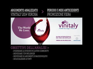 ARGOMENTOANALIZZATO
VINITALY2014VERONA
OBIETTIVI DELL’ANALISI >
-EVIDENZIARELEDIVISIONIINCLUSTER(COMMUNITY)
-INDIVIDUAREITOPINFLUENCER
-INDIVIDUAREGLIARGOMENTIDIMAGGIORRILIEVO
-GEOLOCALIZZARELEFONTI
> PERIODO3MESIANTECEDENTI
PROMOZIONEFIERA
 