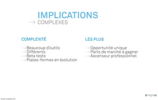 IMPLICATIONS
                                     COMPLEXES


                              COMPLEXITÉ                     LES PLUS

                                Beaucoup d’outils              Opportunité unique
                                Différents                     Parts de marché à gagner
                                Beta tests                     Ascenseur professionnel
                                Plates-formes en évolution




vendredi, 30 septembre 2011
 