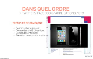 DANS QUEL ORDRE
                                     TWITTER / FACEBOOK / APPLICATIONS / ETC


                              EXEMPLES DE CAMPAGNE

                                Besoins stratégiques;
                                Demandes de la direction;
                                Demandes internes;
                                Pression des consommateurs




vendredi, 30 septembre 2011
 