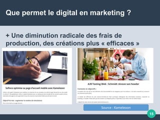 Que permet le digital en marketing ?
+ Une diminution radicale des frais de
production, des créations plus « efficaces »
15
Source : Kameleoon
 