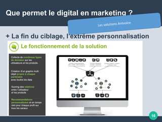 Que permet le digital en marketing ?
+ La fin du ciblage, l’extrême personnalisation
16
 