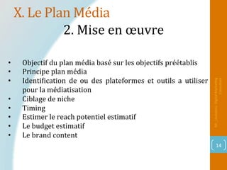 X.	Le	Plan	Média	
Mr_Loukakou:	Digital	Marke1ng	
Consultant	
14	
2.	Mise	en	œuvre			
		
•  Objectif	du	plan	média	basé	sur	les	objectifs	préétablis	
•  Principe	plan	média	
•  IdentiPication	 de	 ou	 des	 plateformes	 et	 outils	 a	 utiliser	
pour	la	médiatisation	
•  Ciblage	de	niche	
•  Timing	
•  Estimer	le	reach	potentiel	estimatif	
•  Le	budget	estimatif	
•  Le	brand	content	
 