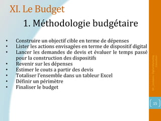 XI.	Le	Budget	
Mr_Loukakou:	Digital	Marke1ng	
Consultant	
15	
1.	Méthodologie	budgétaire		
		
•  Construire	un	objectif	cible	en	terme	de	dépenses	
•  Lister	les	actions	envisagées	en	terme	de	dispositif	digital	
•  Lancer	les	demandes	de	devis	et	évaluer	le	temps	passé	
pour	la	construction	des	dispositifs	
•  Revenir	sur	les	dépenses	
•  Estimer	le	couts	a	partir	des	devis		
•  Totaliser	l’ensemble	dans	un	tableur	Excel		
•  DéPinir	un	périmètre		
•  Finaliser	le	budget		
 