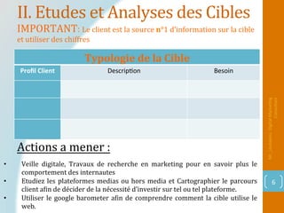 II.	Etudes	et	Analyses	des	Cibles	
Mr_Loukakou:	Digital	Marke1ng	
Consultant	
6	
IMPORTANT:	Le	client	est	la	source	n°1	d’information	sur	la	cible		
et	utiliser	des	chiffres	
Typologie	de	la	Cible	
Proﬁl	Client	 Descrip1on	 Besoin	
•  Veille	 digitale,	 Travaux	 de	 recherche	 en	 marketing	 pour	 en	 savoir	 plus	 le	
comportement	des	internautes	
•  Etudiez	les	plateformes	medias	ou	hors	media	et	Cartographier	le	parcours	
client	aPin	de	décider	de	la	nécessité	d’investir	sur	tel	ou	tel	plateforme.	
•  Utiliser	le	google	barometer	aPin	de	comprendre	comment	la	cible	utilise	le	
web.	
Actions	a	mener	:		
 