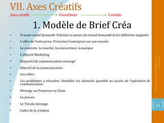VII.	Axes	Créatifs	
Axes	créatifs 	 	Convictions																			 								 	Constats	
Mr_Loukakou:	Digital	Marke1ng	
Consultant	
11	
1.	Modèle	de	Brief	Créa		
		
•  Travail	créatif	demandé:	Précisez	la	nature	du	travail	demandé	et	les	différents	supports	
•  L’offre	de	l’entreprise:	Présentez	l’entreprise	sur	son	marché	
•  Le	contexte:	Le	marché,	la	concurrence,	la	marque	
•  L’objectif	Marketing	
•  Dispositif	de	communication	envisagé		
•  Objectif	de	la	communication	
•  Les	cibles	
•  Les	problèmes	a	résoudre:	IdentiPier	les	obstacles	possible	au	succès	de	l’opération	de	
communication	
•  Message	ou	Promesse	ou	Claim	
•  La	preuve	
•  Le	Ton	du	message	
•  Cadre	de	la	création	
 