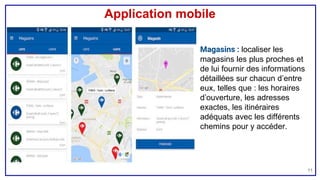 Application mobile
11
Magasins : localiser les
magasins les plus proches et
de lui fournir des informations
détaillées sur chacun d’entre
eux, telles que : les horaires
d’ouverture, les adresses
exactes, les itinéraires
adéquats avec les différents
chemins pour y accéder.
 