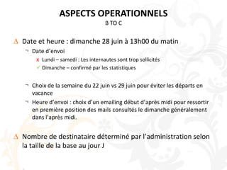 ASPECTS FONCTIONNELSREDIGER LE CONTENU Choix du texte :Promotion de la formation :Etudiants qualifiésDouble compétence Inciter à suivre les étudiants et à participer aux groupes sur les réseaux sociaux Liens à traquer :Site miroirLinkedInNingTwitterLien de désabonnement