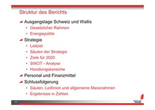 Struktur des Berichts
       Ausgangslage Schweiz und Wallis
       • Gesetzlicher Rahmen
       • Energiepolitik
       S...