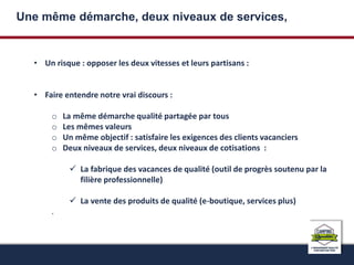 Une même démarche, deux niveaux de services, 
• Un risque : opposer les deux vitesses et leurs partisans : 
• Faire entendre notre vrai discours : 
o La même démarche qualité partagée par tous 
o Les mêmes valeurs 
o Un même objectif : satisfaire les exigences des clients vacanciers 
o Deux niveaux de services, deux niveaux de cotisations : 
 La fabrique des vacances de qualité (outil de progrès soutenu par la 
filière professionnelle) 
 La vente des produits de qualité (e-boutique, services plus) 
. 
 
