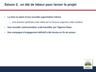 Saison 2, un été de labeur pour lancer le projet 
• La mise en place d’une nouvelle organisation interne 
o Une direction générale a été créée par le CA pour organiser cette mutation 
• Une nouvelle communication a été travaillée par l’Agence Rose. 
• Une campagne d’engagement définitif a été lancée en fin de saison. 
 