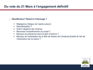 Du vote du 21 Mars à l’engagement définitif 
o Désaffection? Retard à l’allumage ? 
 Négligence (fatigue de l’après saison) 
 Démobilisation ? 
 Action négative des chaînes 
 Mauvaise compréhension du projet ? 
 Manque de précisions dans le plan d’actions ? 
 Manque de mobilisation de la tête de réseau de Camping Qualité du fait de 
l’absorption par la saison ? 
 