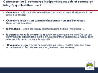 Commerce isolé, commerce indépendant associé et commerce 
intégré, quelle différence ? 
• Commerce isolé : point de vente détenu par un commerçant indépendant non 
affilié à un réseau 
• Commerce associé : un commerce indépendant organisé en réseau. 
Deux formes actuelles : 
• la franchise : la tête de réseau appartient à une société (franchiseur) , 
• la coopérative ou le commerce associé, réseau organisé et contrôlé par des 
commerçants indépendants dont la structure centrale appartient au réseau donc 
à l’ensemble des commerçants associés. 
• Commerce intégré : forme de commerce en réseau dont les points de vente 
appartiennent à une même entreprise (famille ou actionnaires) 
 